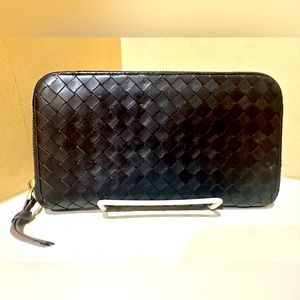 BOTTEGA VENETA DARK BROWN INTRECCIO ZIP AROUND WALLET